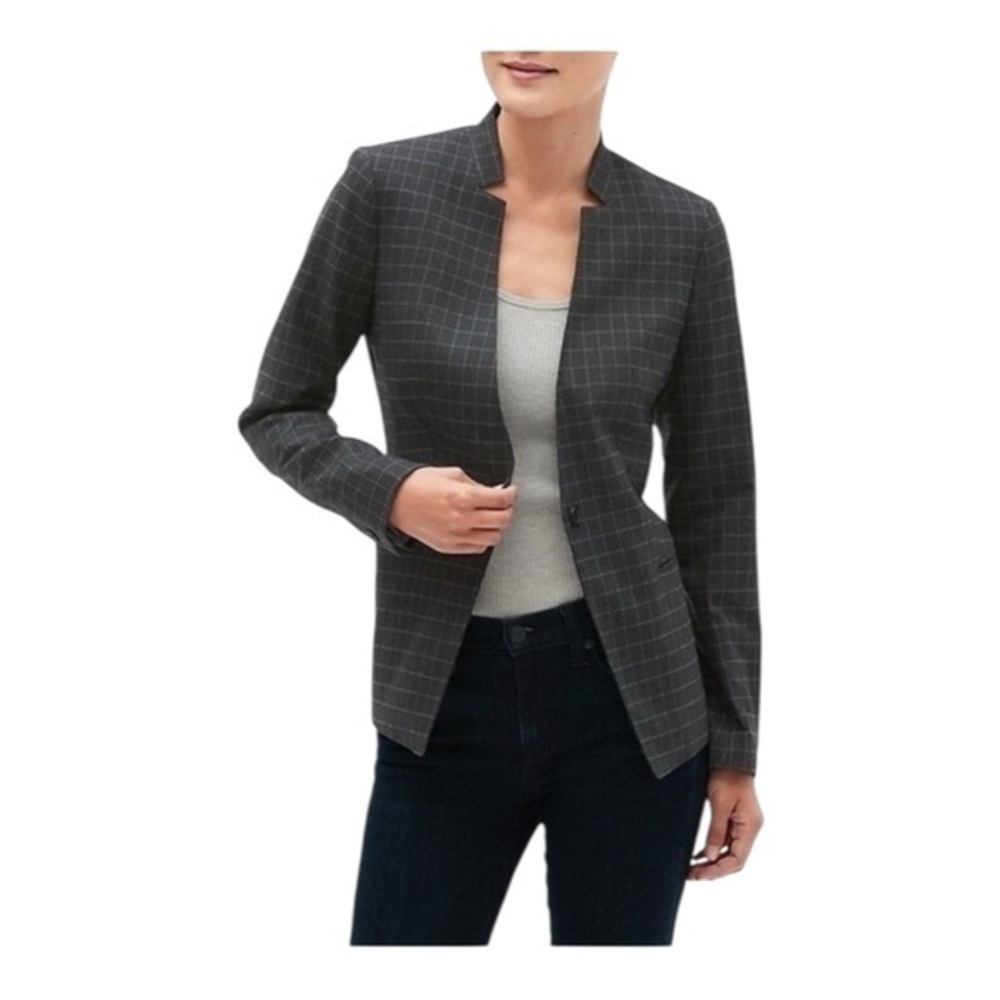 Banana Republic Charcoal Grey Windowpane Blazer - Size 2, Inverted Collar